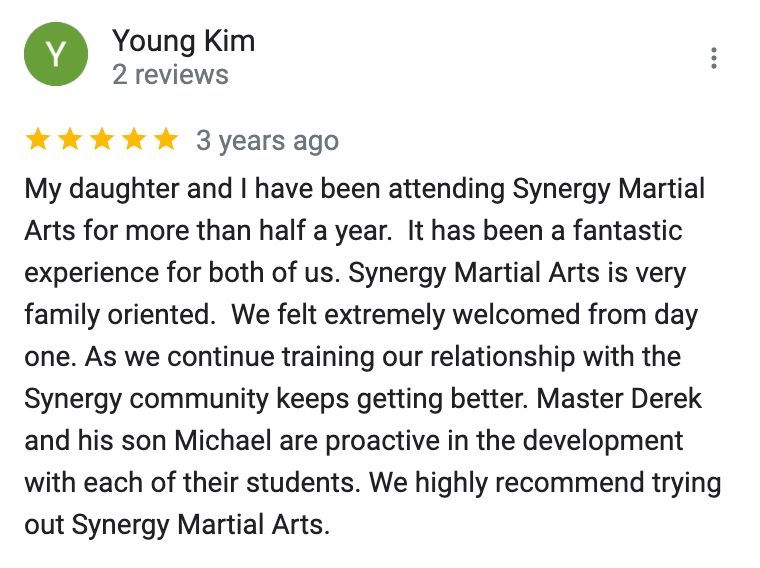 A google review for synergy martial arts by young kim