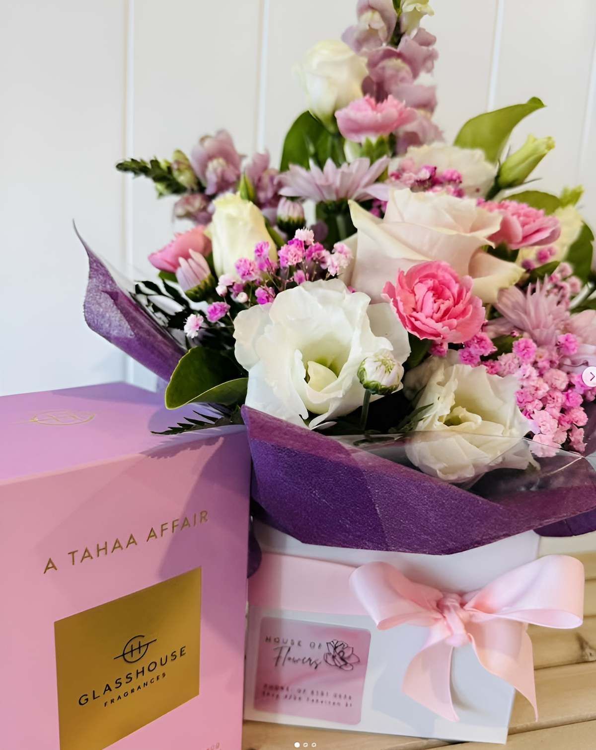 A Bouquet of Pink and White Flowers in a Pink Box — Bundaberg House of Flowers In Burnett Heads, QLD