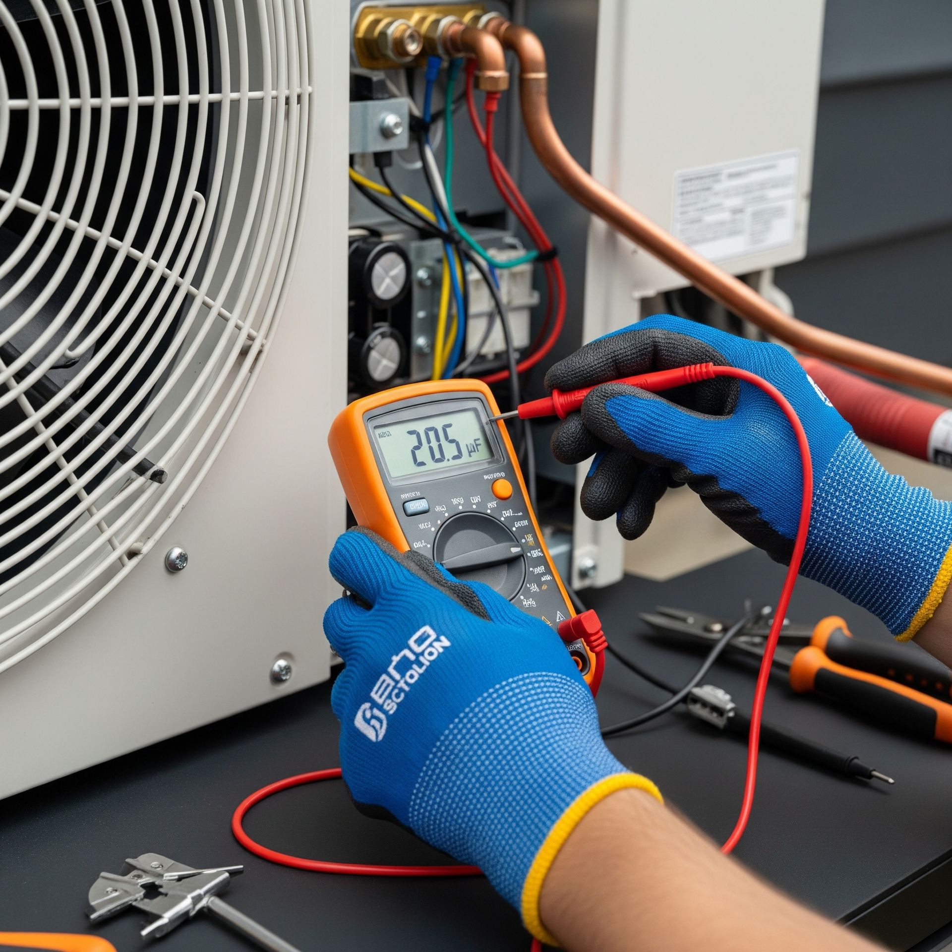 A person wearing blue gloves tests electrical wiring with a multimeter.