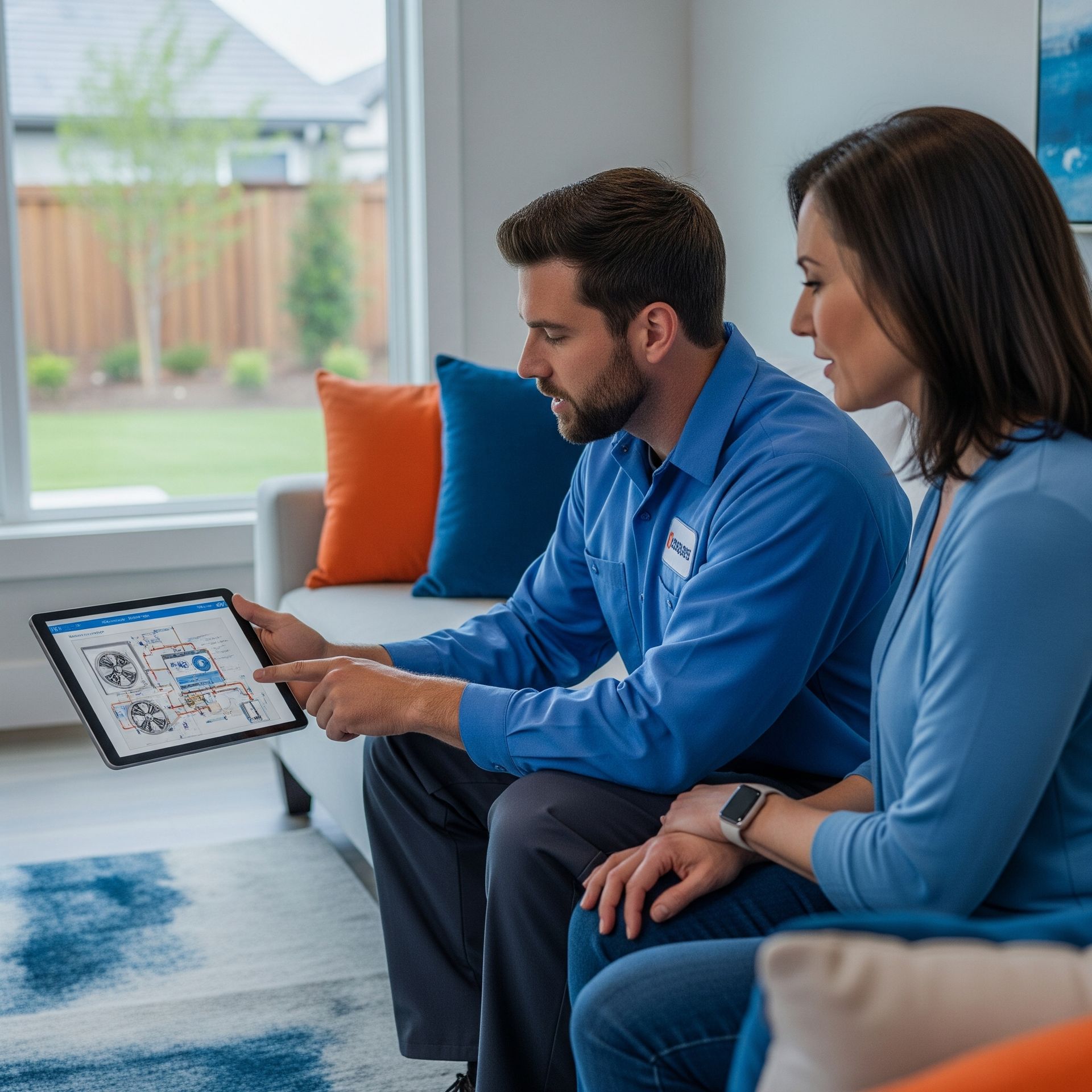 Man in blue uniform showing a diagram on a tablet to a woman on a couch indoors.
