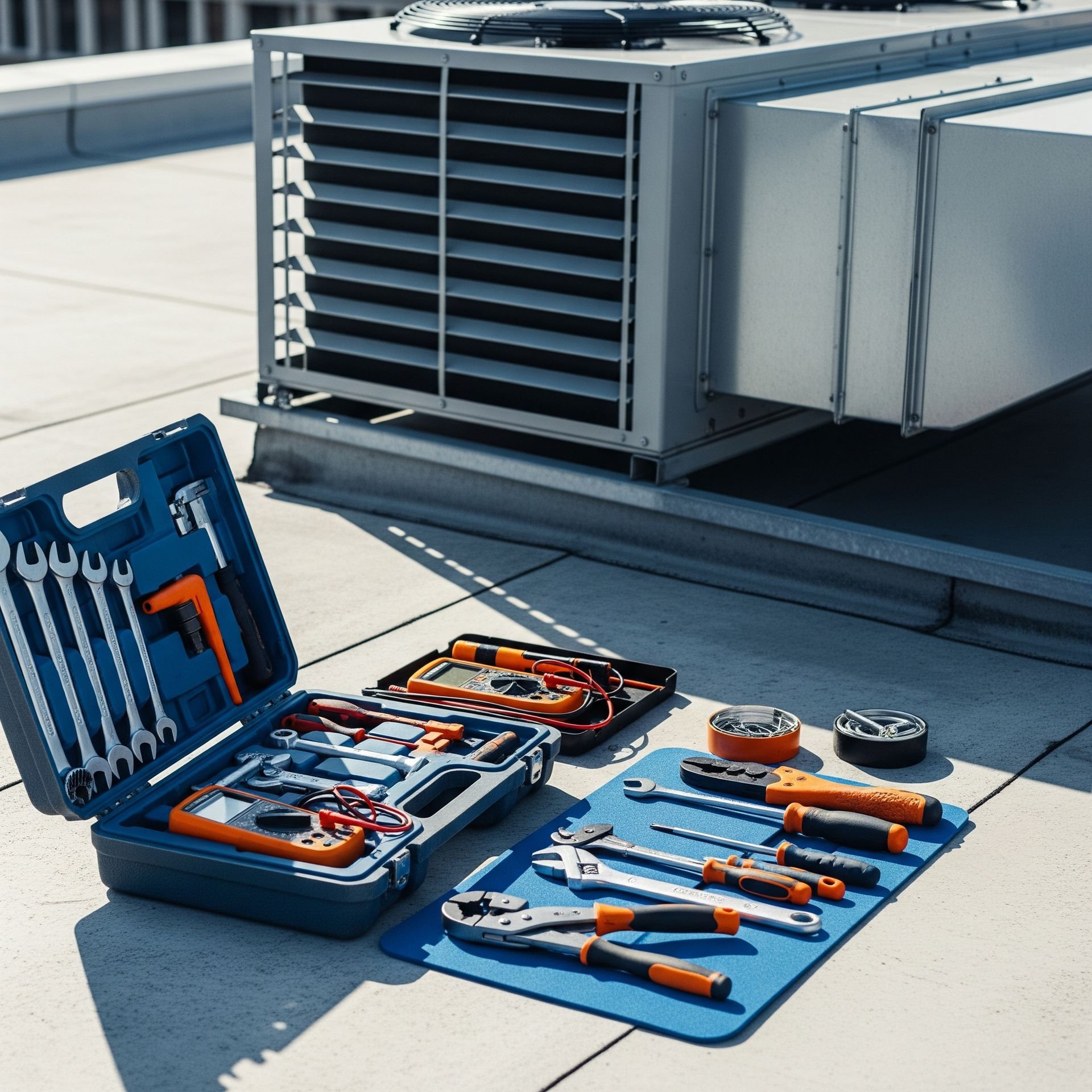 HVAC tools on a rooftop, including wrenches, a multimeter, and pliers.