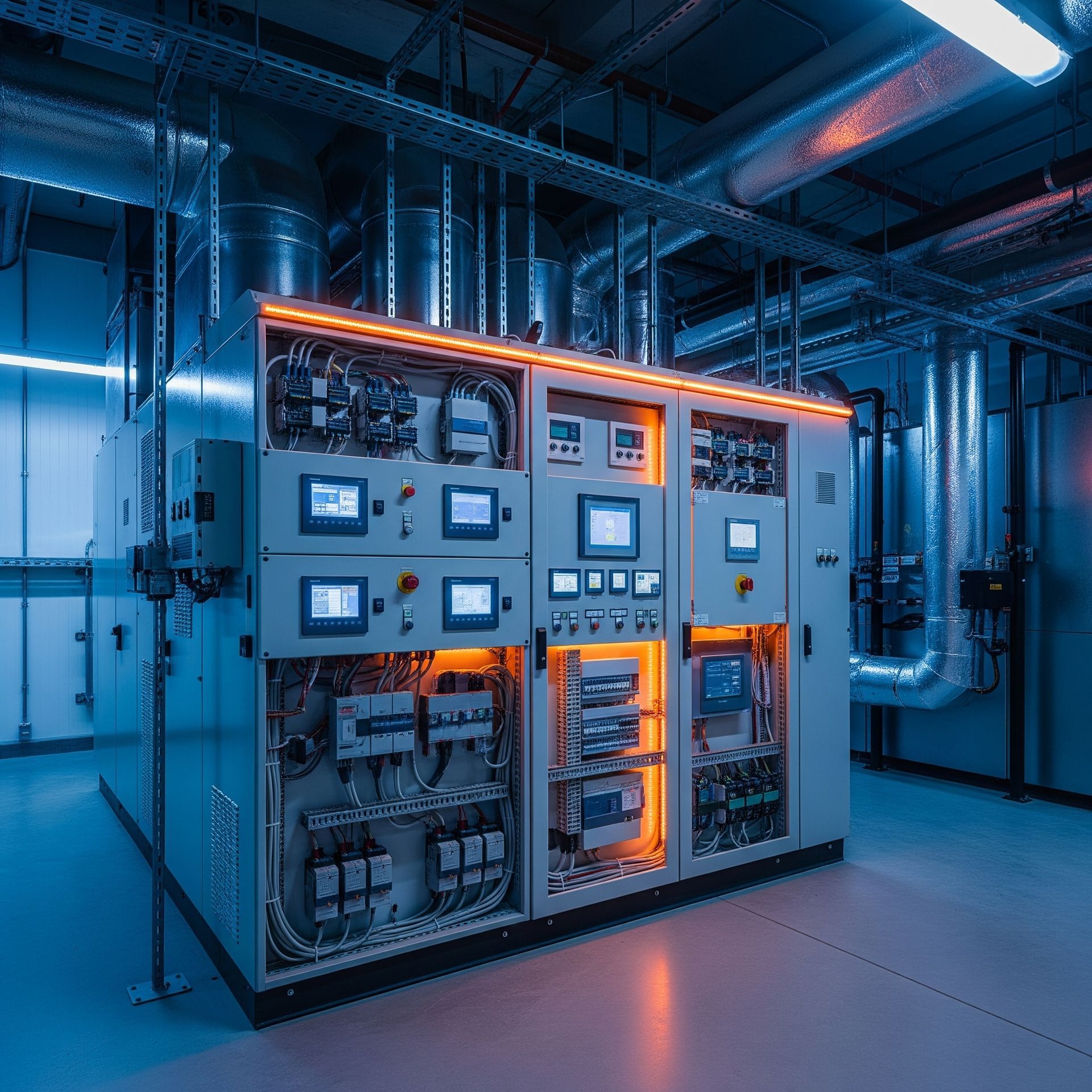 Control panel in industrial facility, with illuminated displays and wiring. Blue and orange lighting.