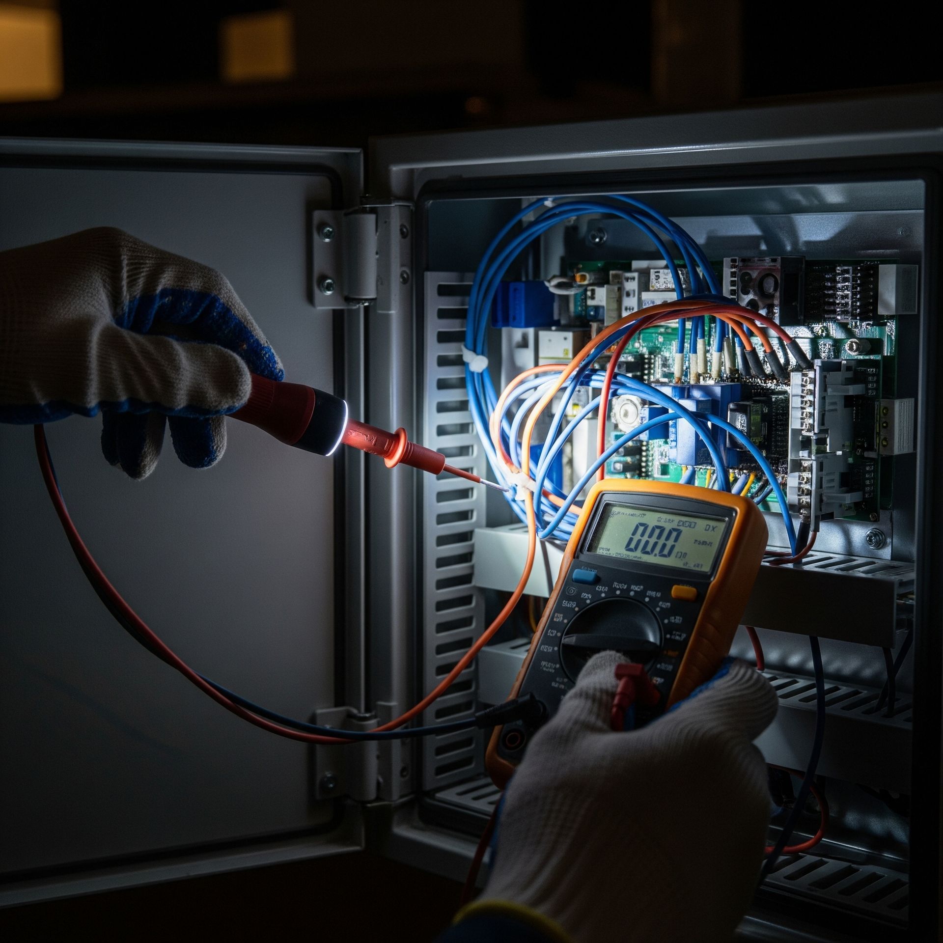 An electrician uses a multimeter and probe to check wiring inside an electrical panel, lit by a work light.