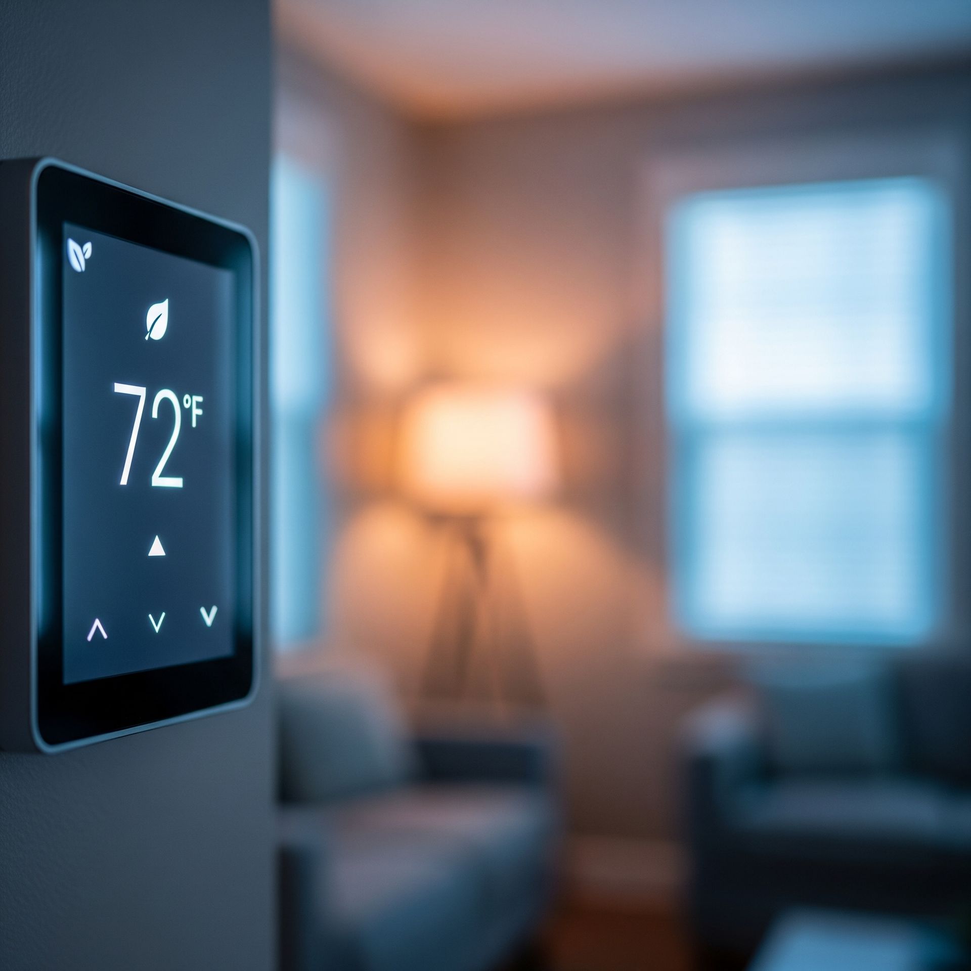 Smart thermostat displaying 72 degrees Fahrenheit on a wall in a living room.