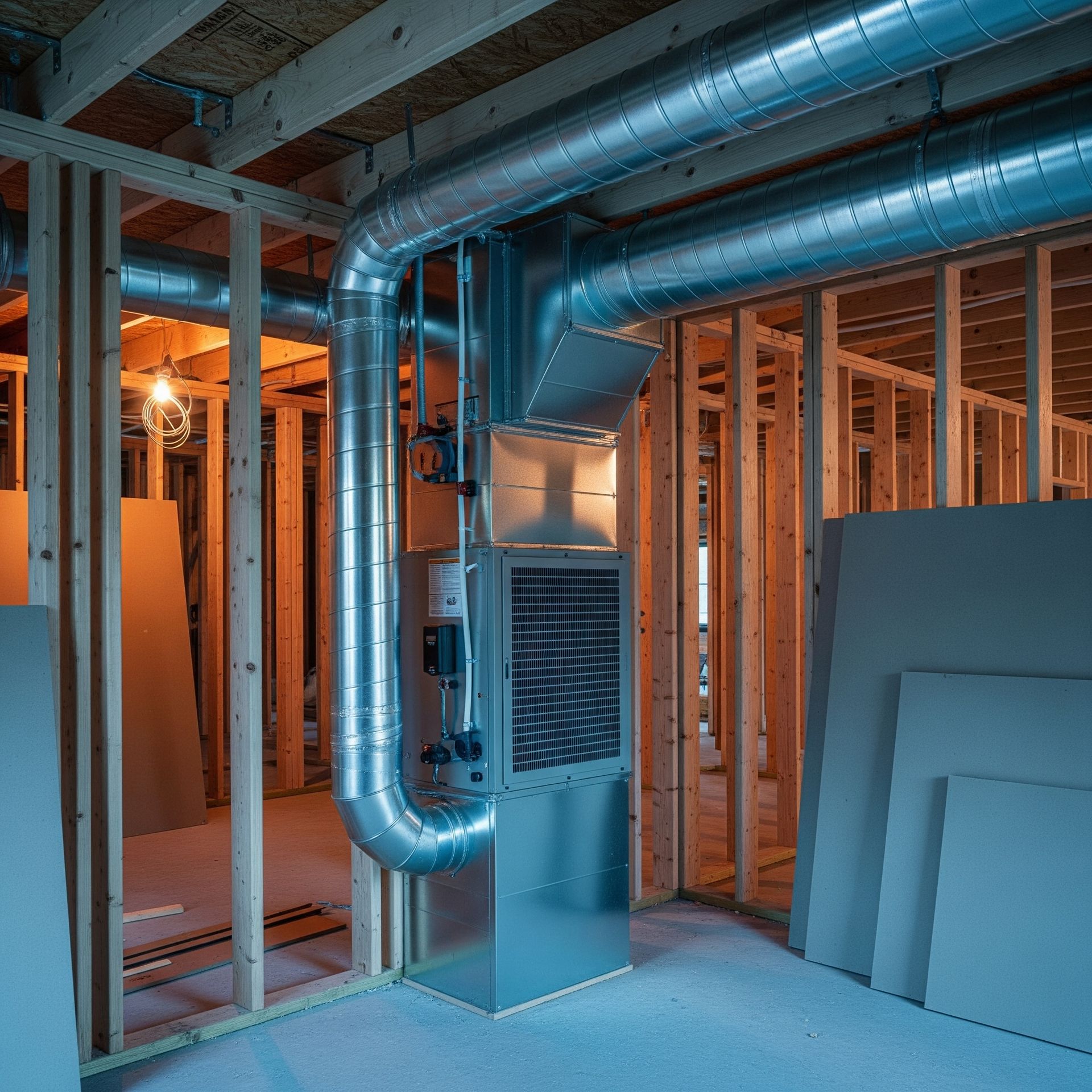 HVAC system in a new home under construction, with ducts and framing visible.