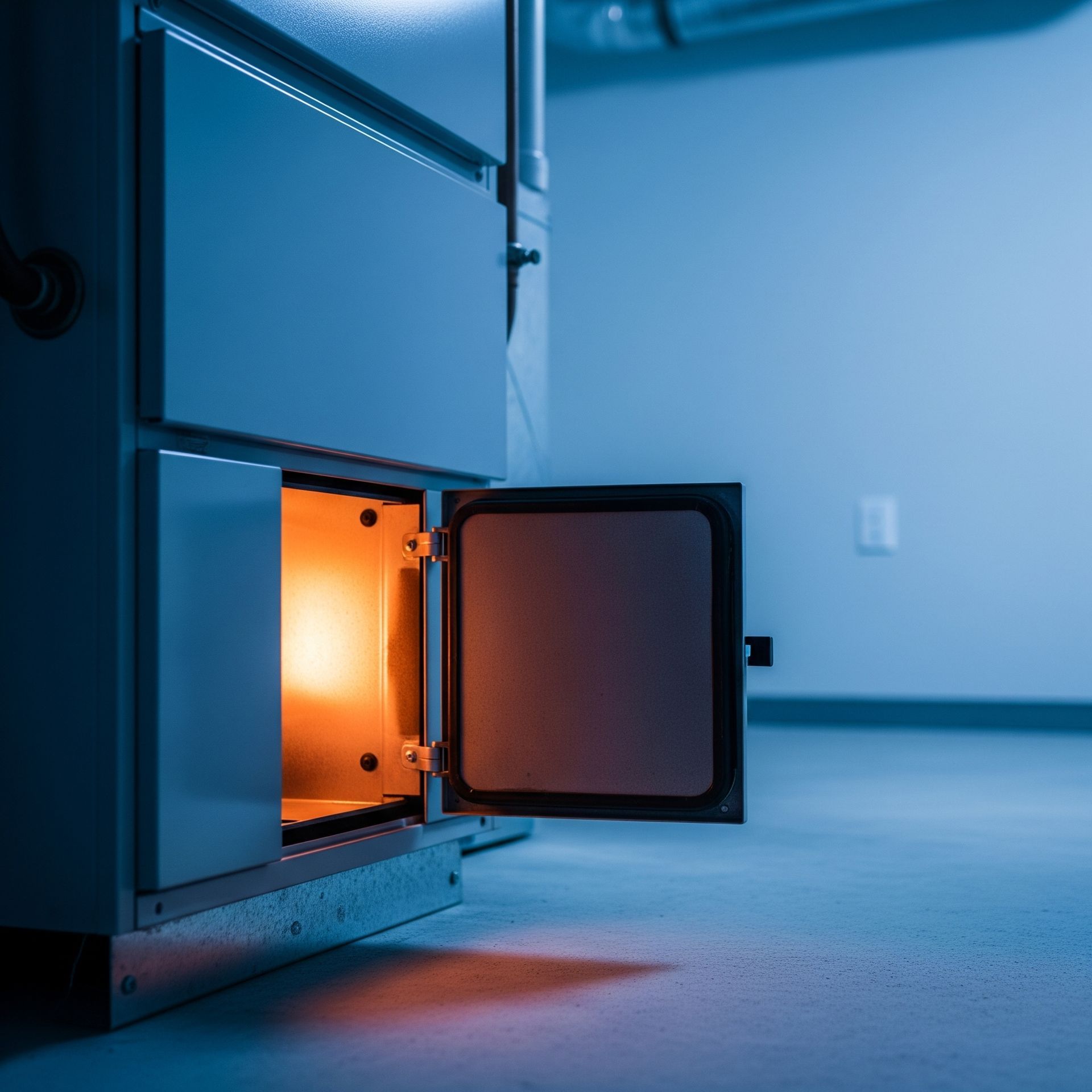 Furnace with open door, showing orange flame in a blue-toned utility room.