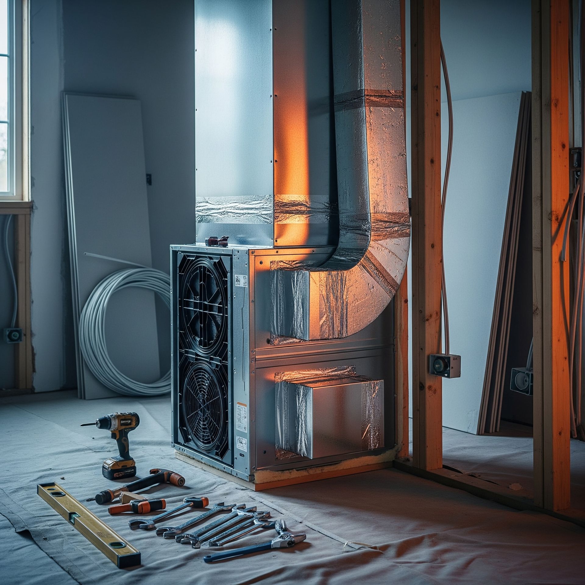 HVAC system installation in a room under construction; tools scattered on floor.