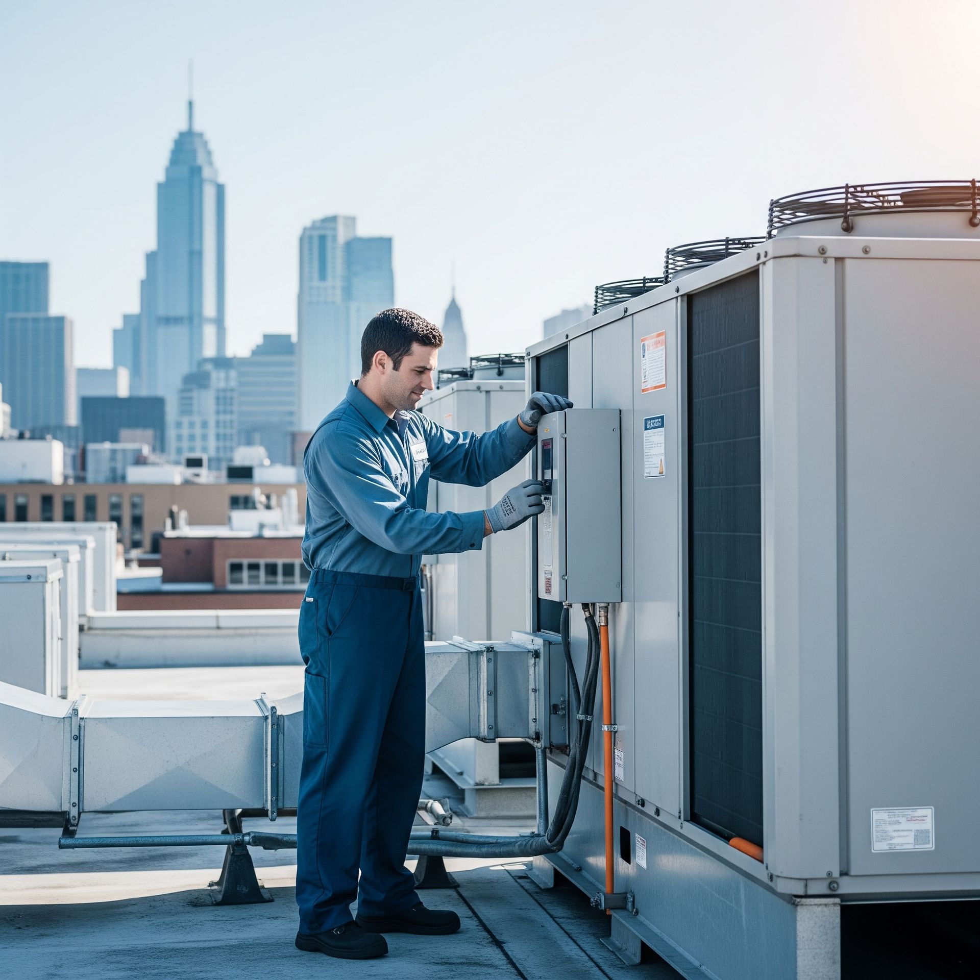 HVAC technician on a rooftop inspecting equipment with a city skyline in the background.