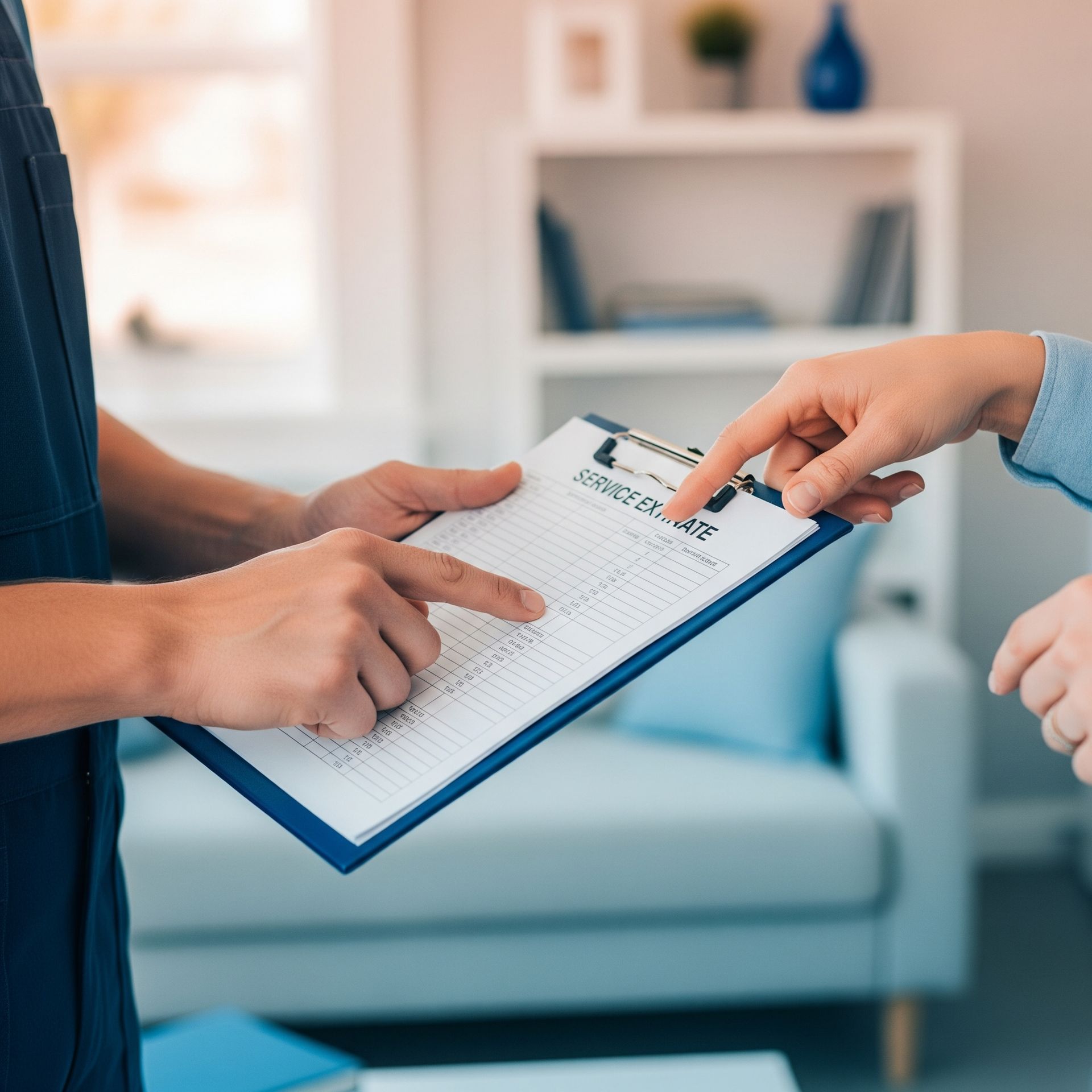 Two people pointing at a clipboard with a document, in a living room with a blue sofa.
