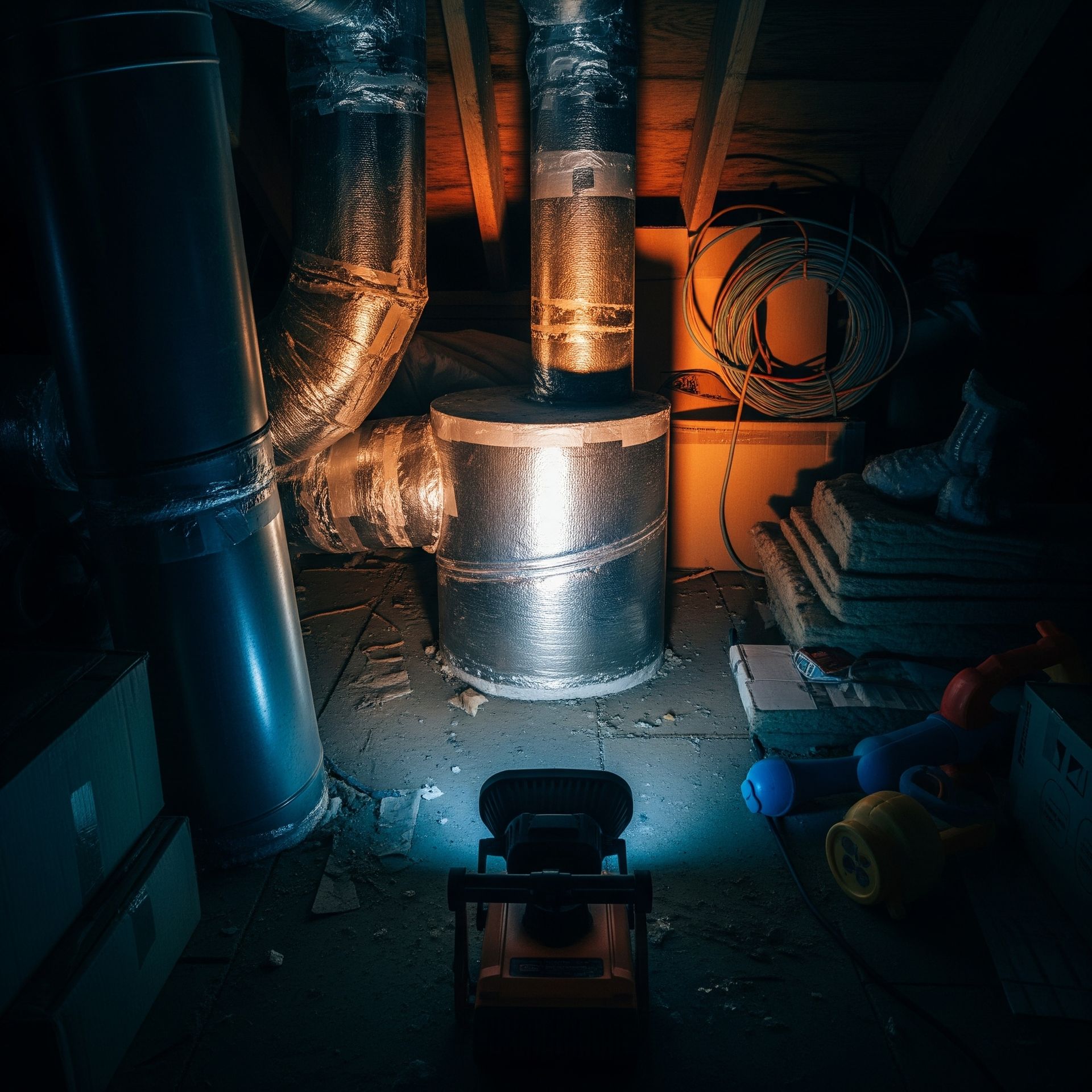 Attic interior with a work light illuminating ductwork, pipes, and storage.