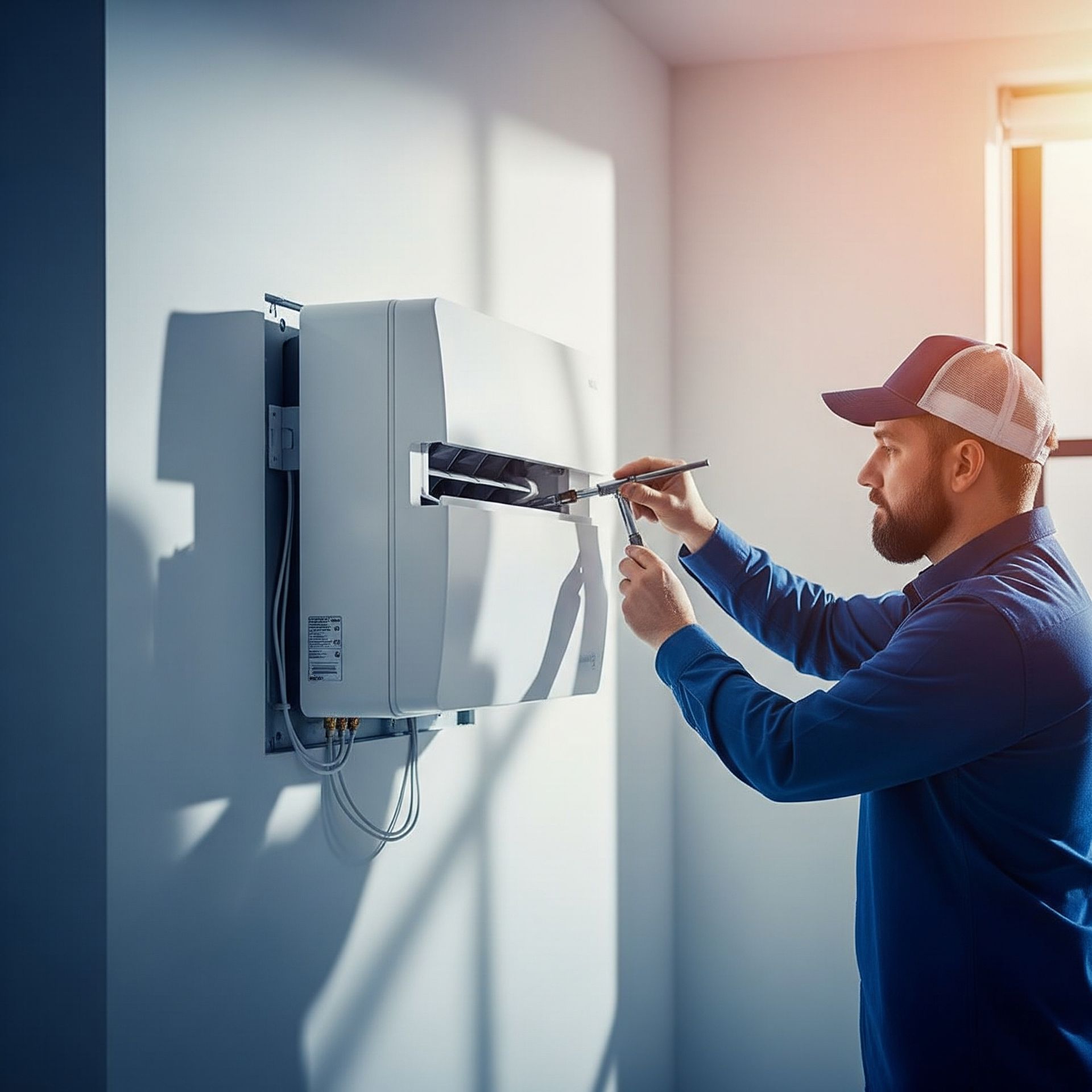 Man in cap repairs HVAC unit on a white wall, sunlight in the background.