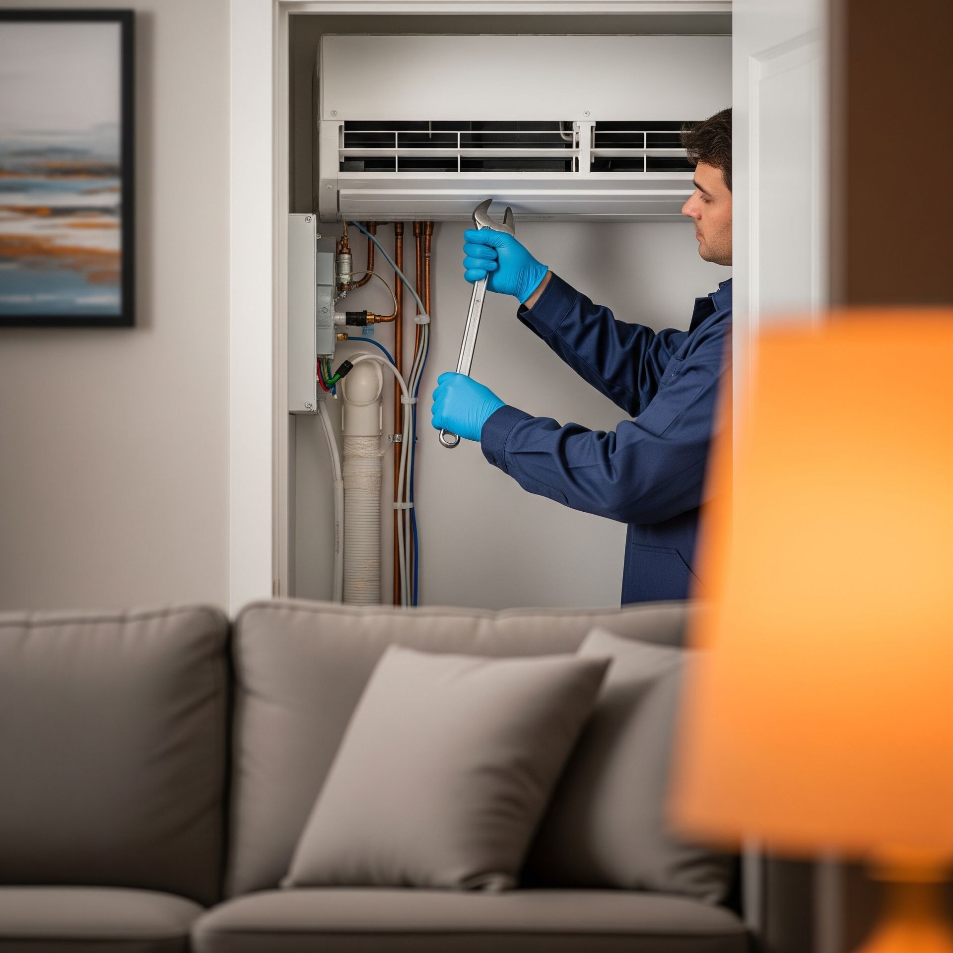 Man in blue working on HVAC unit, wearing gloves, in a utility closet.
