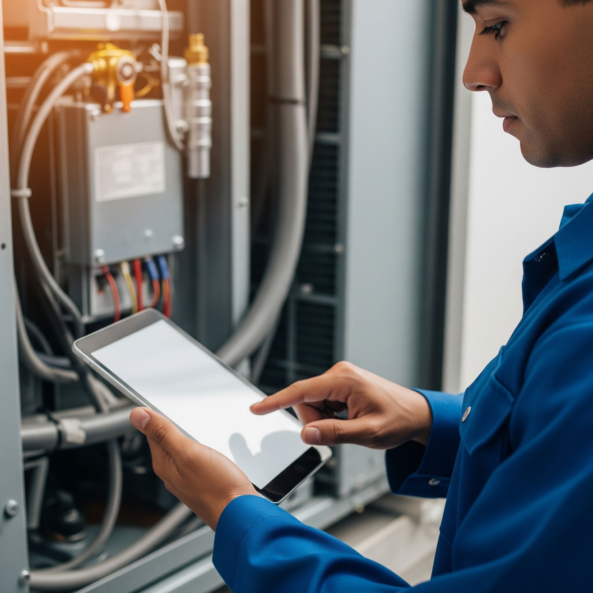 Man in blue jumpsuit using a tablet to inspect electrical equipment.