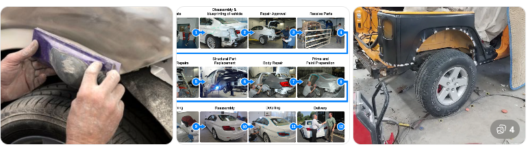 Certified technician repairing vehicle body panel inside a modern auto body facility. Certified technician repairing vehicle body panel inside a modern auto body facility.