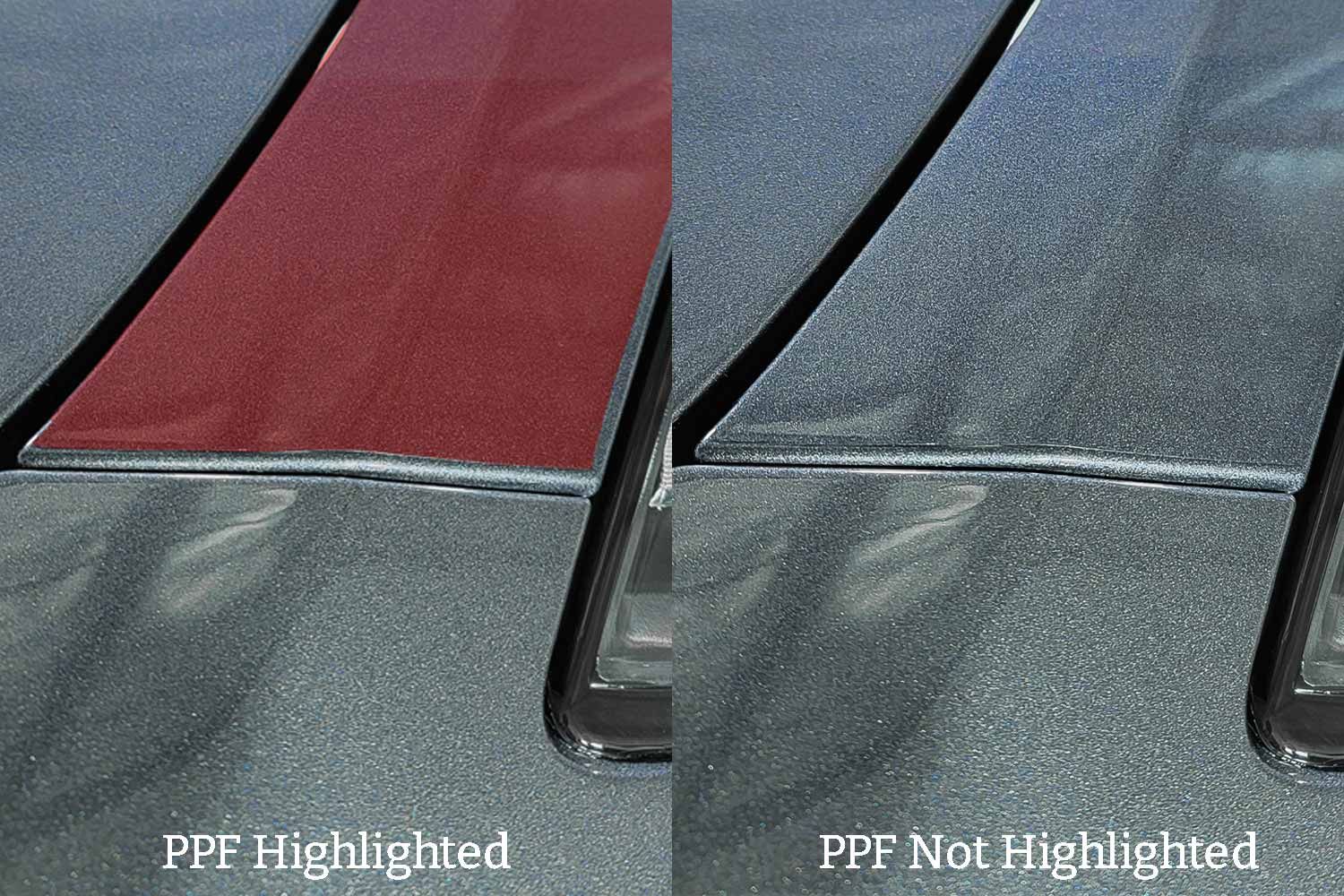 Comparison of car paint. Left panel: red section highlighted. Right panel: non-highlighted gray paint.