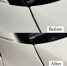 Comparison of car paint. Top: Before, scratched. Bottom: After, smooth.