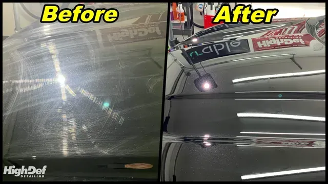 Before-and-after of car hood. Left: scratched paint. Right: shiny, polished surface reflecting light.