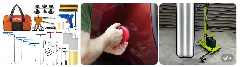 Technician performing precision dent removal using specialized paintless dent repair tools. Technician performing precision dent removal using specialized paintless dent repair tools.