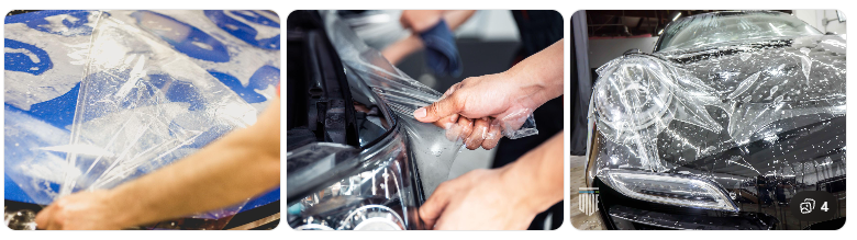 Clear paint protection film being professionally installed on a vehicle hood. Clear paint protection film being professionally installed on a vehicle hood.
