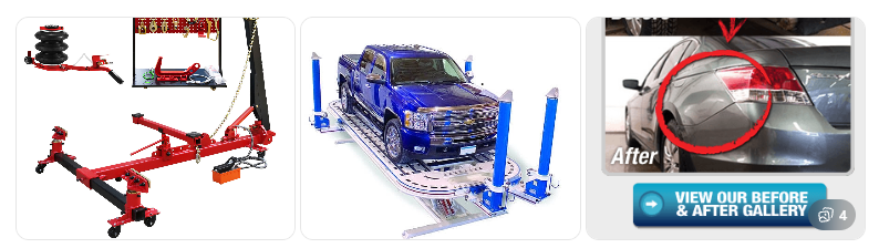 Vehicle undergoing structural frame straightening using professional collision repair equipment.