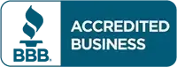 A blue and white badge that says accredited business on it.