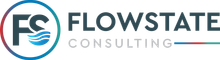 Flowstate Consulting logo with teal and gray lettering and a circular FS icon