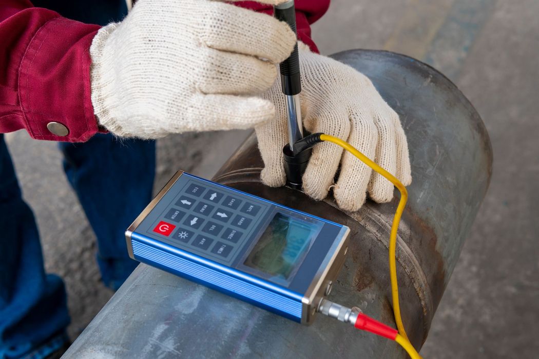 Une personne portant des gants utilise un détecteur de défauts à ultrasons sur un tuyau métallique, à l'extérieur.