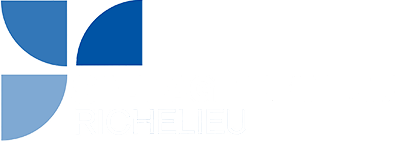 Logo géométrique bleu avec quatre formes en quart de cercle.