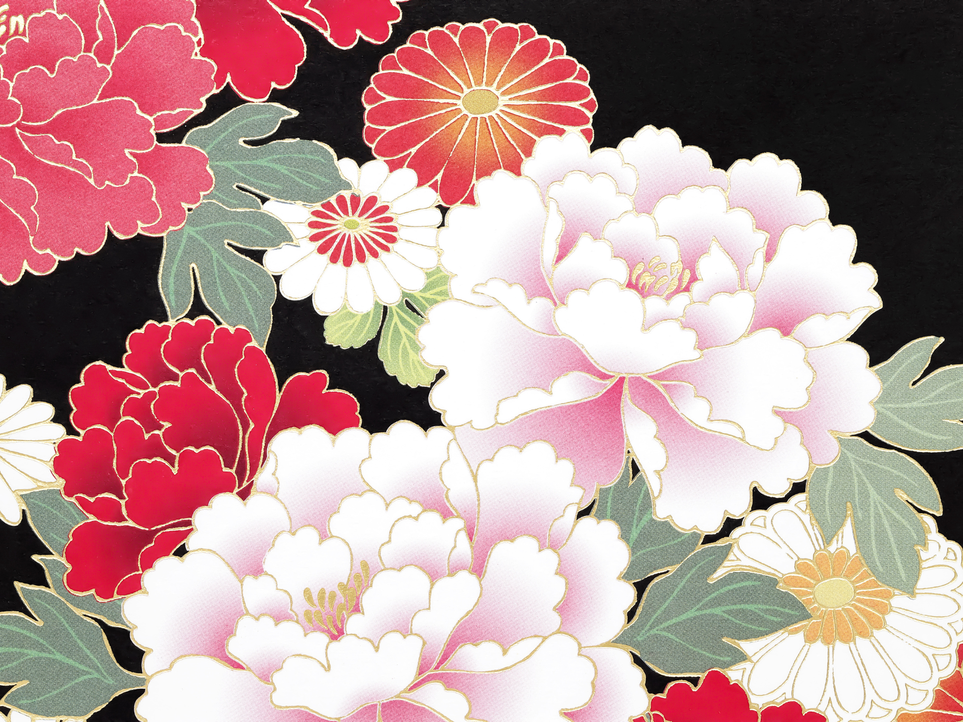 Floral fabric with red, pink, and white peonies and chrysanthemums on a black background.