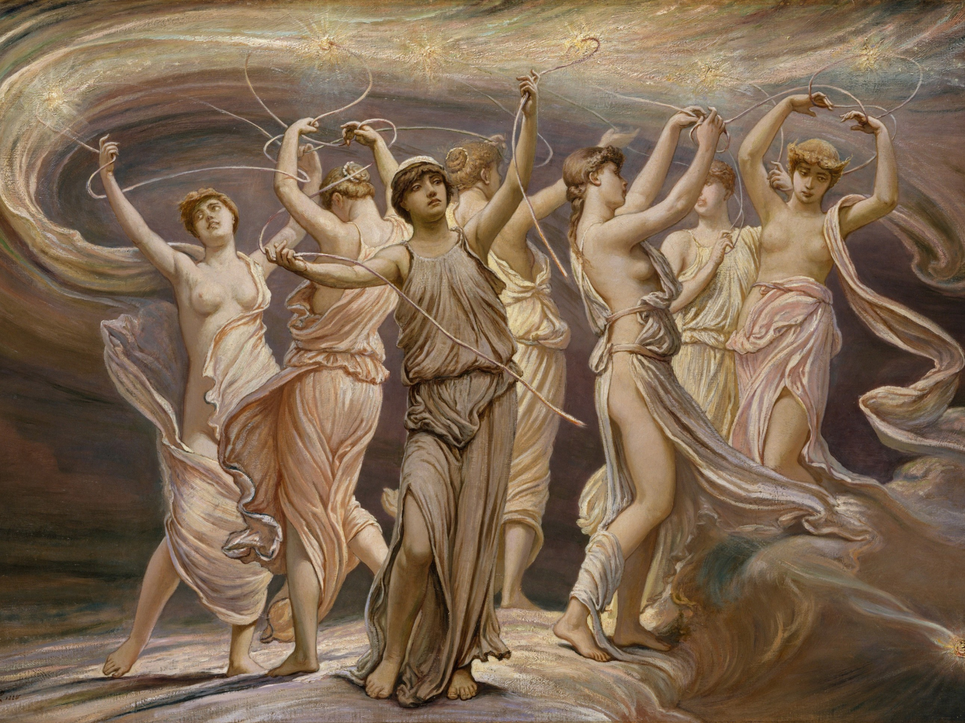 Dancing women in flowing gowns under a swirling, golden-hued sky.