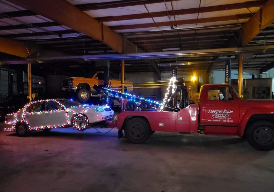 Festive towing at Aspegren Repair in Sutton, NE