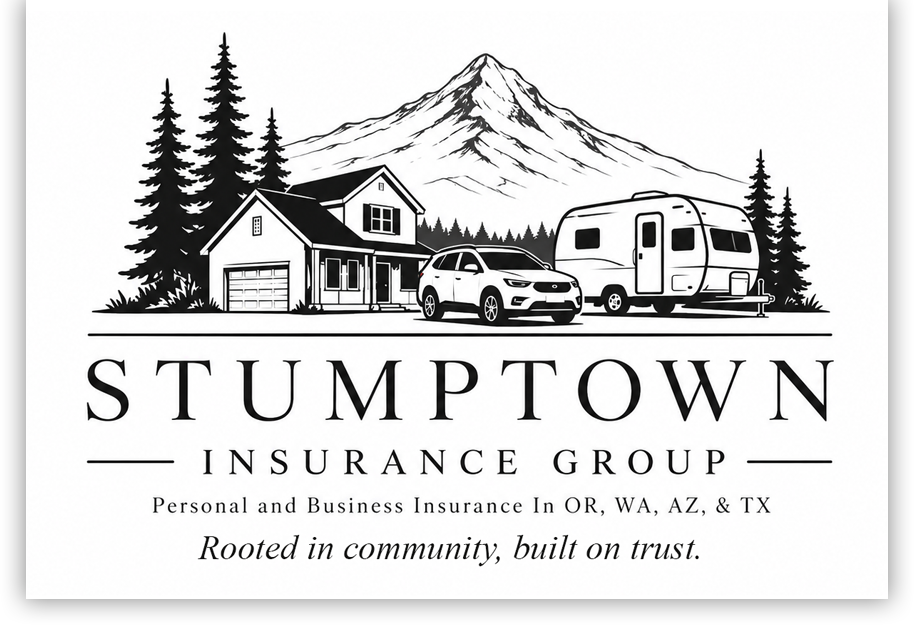 Stumptown Insurance Group logo with mountain, trees, house, truck, and camper in black and white