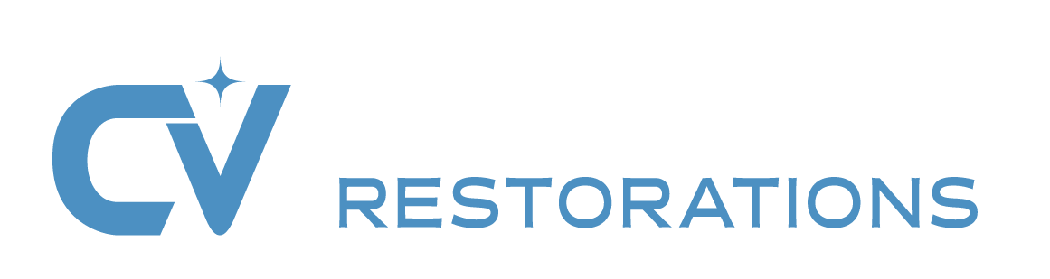 Logo of CV Restorations in blue; the letters 