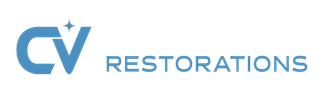 Logo of CV Restorations in blue; the letters 