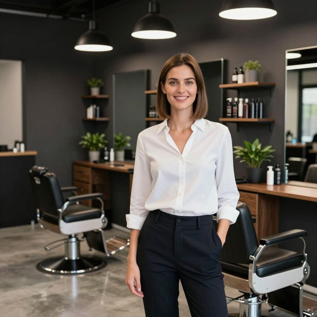 Woman in a white shirt and black pants smiling in a modern hair salon, arms at her sides.