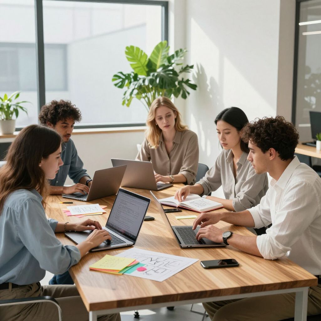 People collaborating at a wooden table in an office, using laptops and notebooks.