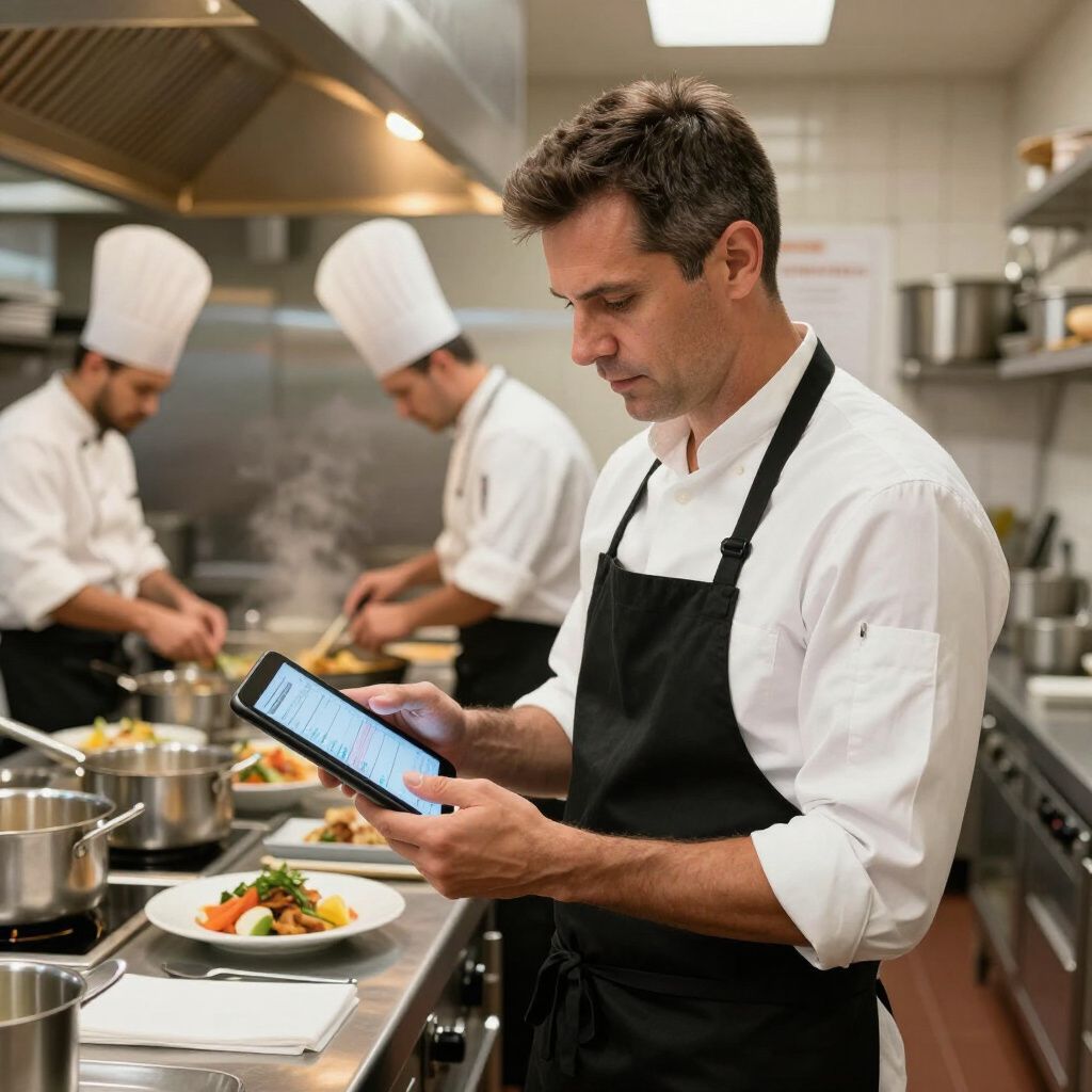 Chef in white coat and apron uses a tablet in a busy commercial kitchen with other chefs.