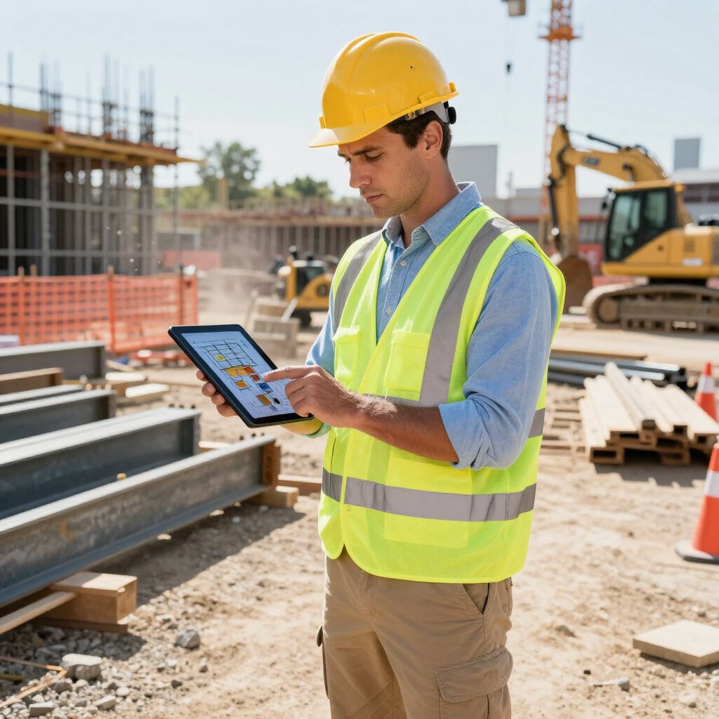 Construction worker in yellow hard hat and vest reviews plans on a tablet at a construction site.