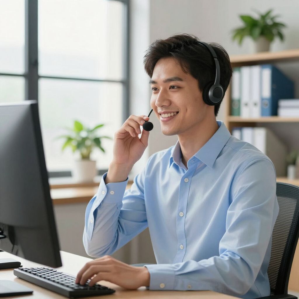 Man wearing a headset, smiling, using a computer in an office setting.