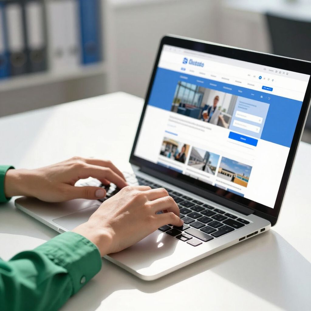 Person typing on a laptop displaying a website with a blue and white design.