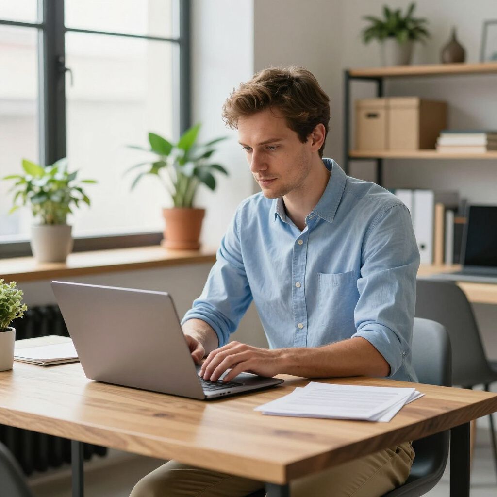 Man in blue shirt working on laptop at a wooden desk in an office with plants.