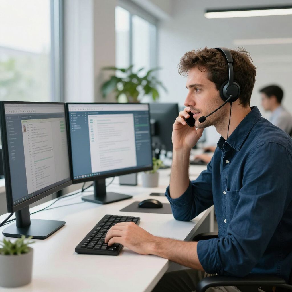 Man with headset on phone, typing at computer, working in office.