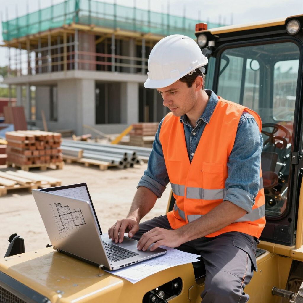 Construction worker in hard hat and orange vest using a laptop on a yellow machine at a construction site.