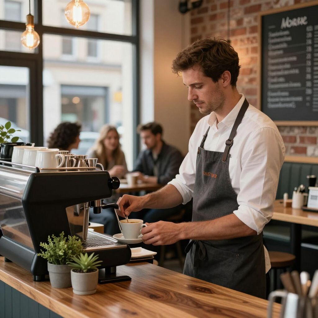 Barista stirring coffee in a cafe with customers seated at tables.