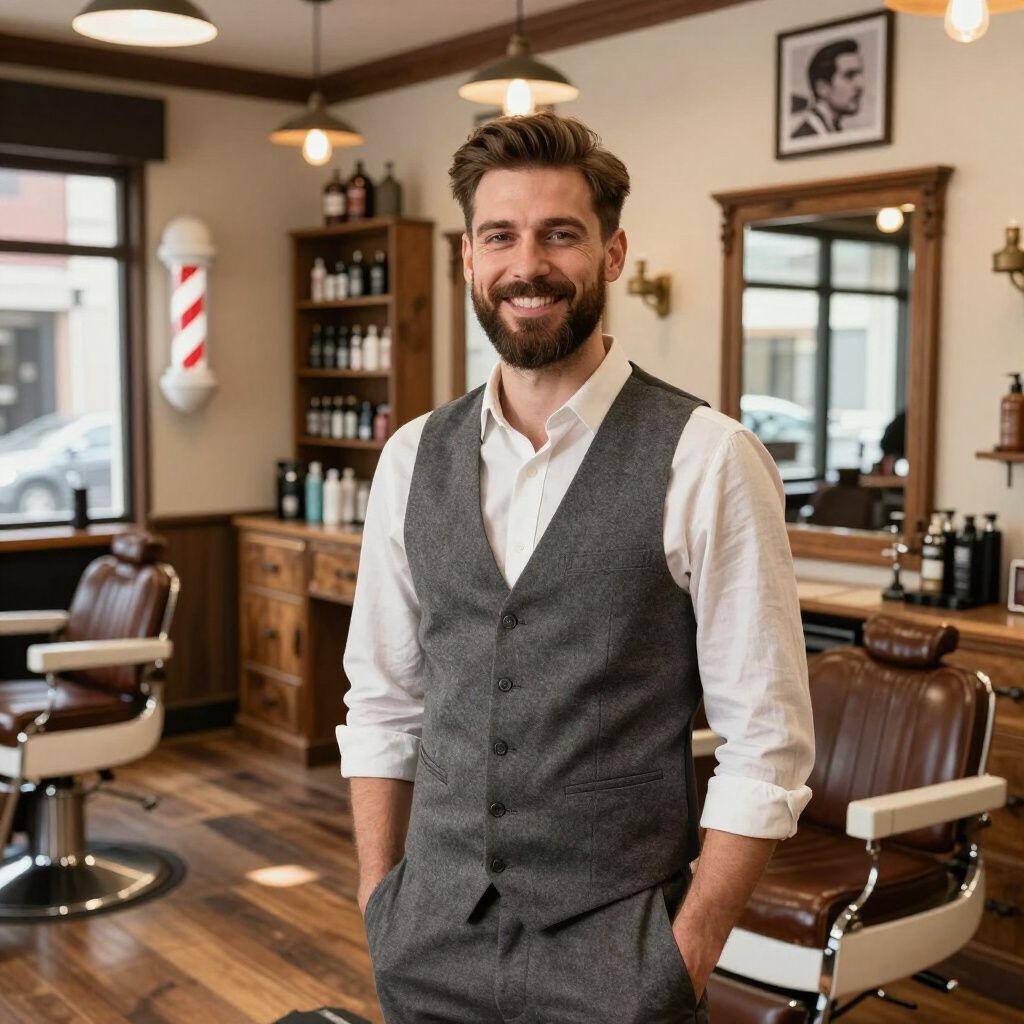 Barber in gray vest smiles in his vintage-style barbershop with leather chairs and wooden accents.