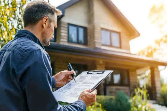 A person in a blue shirt writes on a clipboard while standing outside a house on a sunny day.
