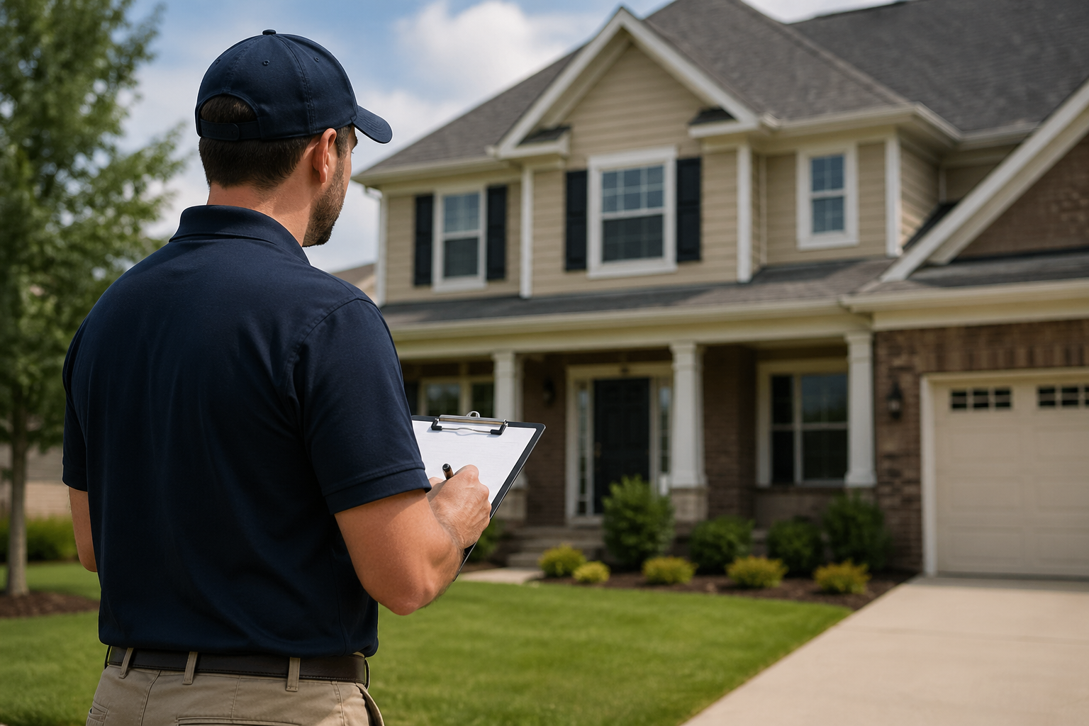 Home inspector checking notes outside a suburban house with a manicured lawn and driveway