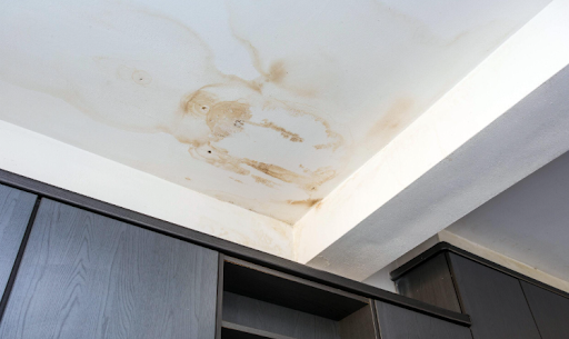 Water-stained ceiling above dark kitchen cabinets, showing a brown leak mark near the corner.
