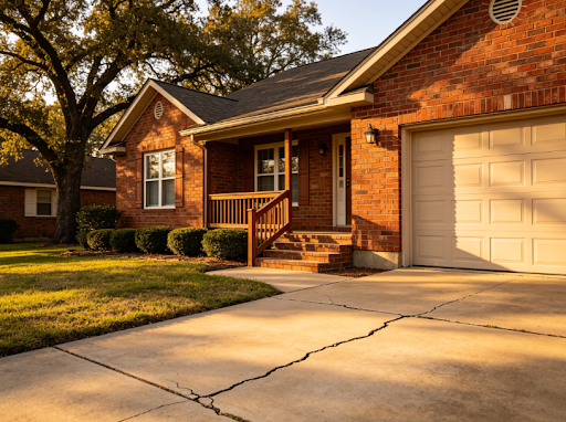Brick house with a front porch, garage, and cracked driveway in warm evening light