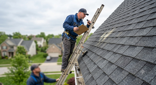 Workers on a ladder checking a shingled roof on a house